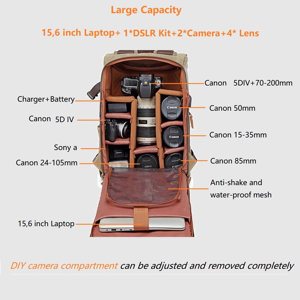 UBAYMAX Camera Backpack, DSLR SLR Waterproof Canvas Camera Bags Rucksack 15.6 inch Laptop Bag Travel Bag for Canon Nikon Sony Camera and Lens Tripod Accessories